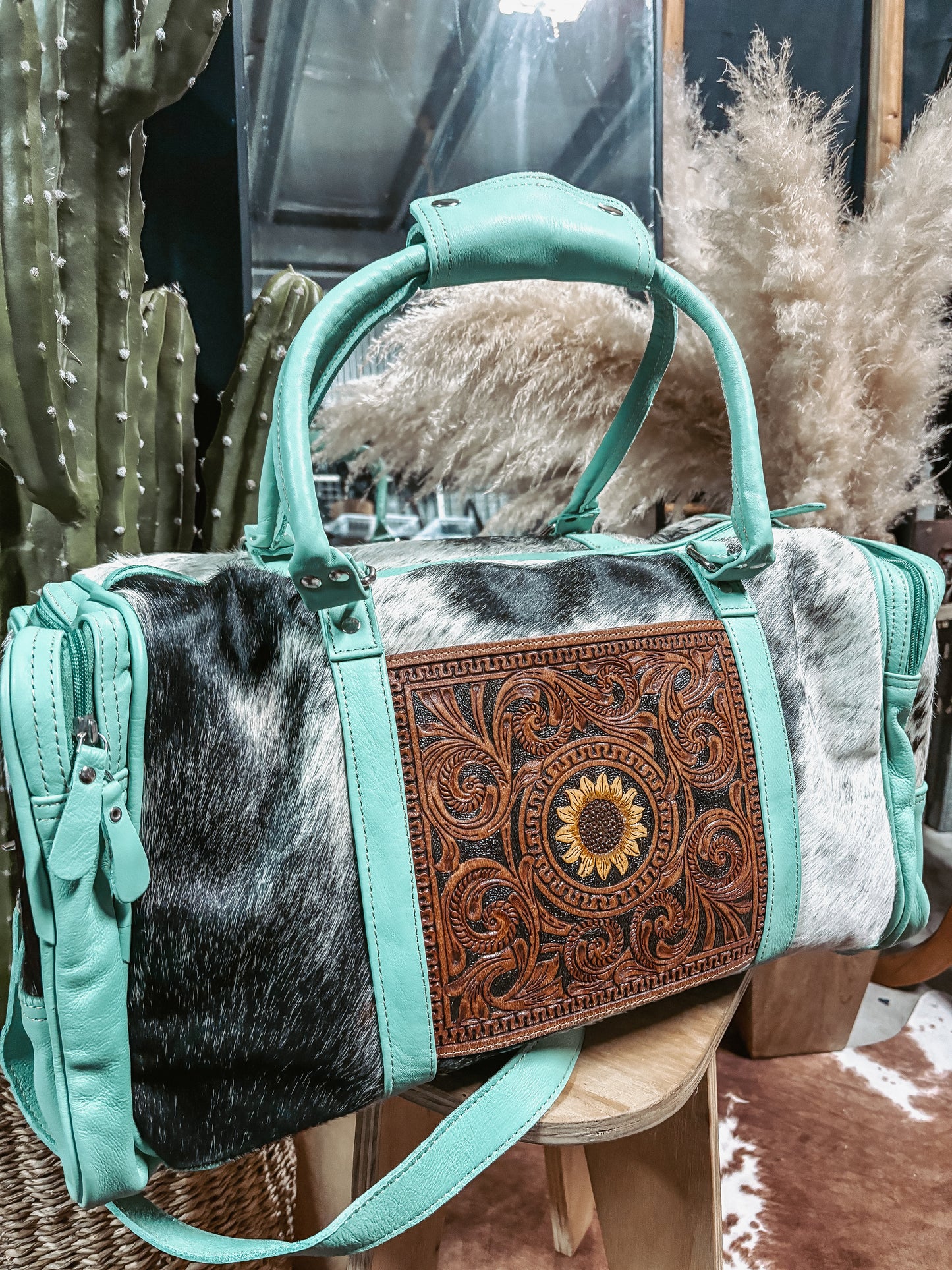 Cowhide +Sunflower Tooled Patch Turquoise Leather Weekender Bag