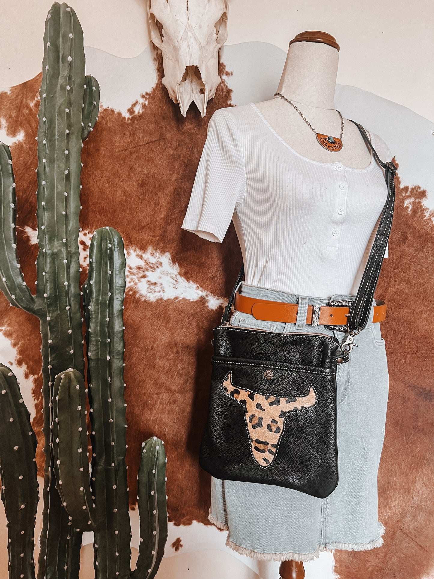 Soft Black Leather + Cowhide Bullhead Leopard Crossbody Bag - The Western Boho Co