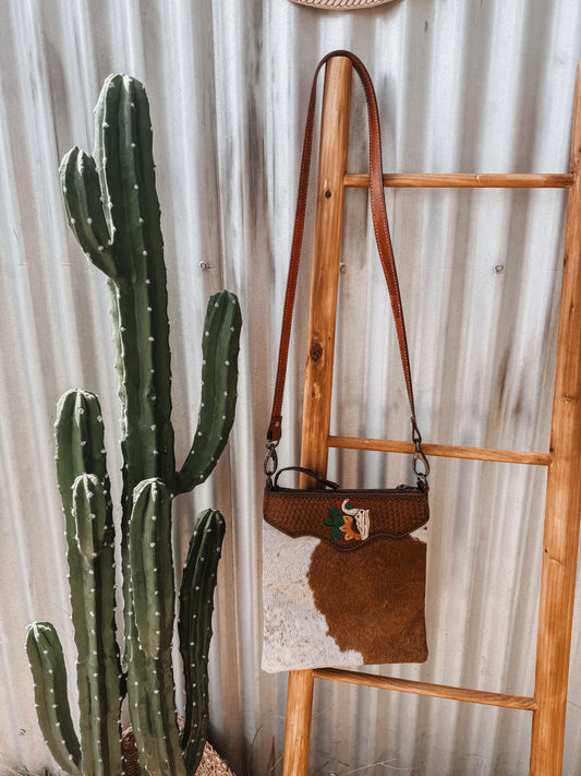 Tan Cowhide + Tooled Leather Steer/Sunflower/Cactus Crossbody Bag - The Western Boho Co