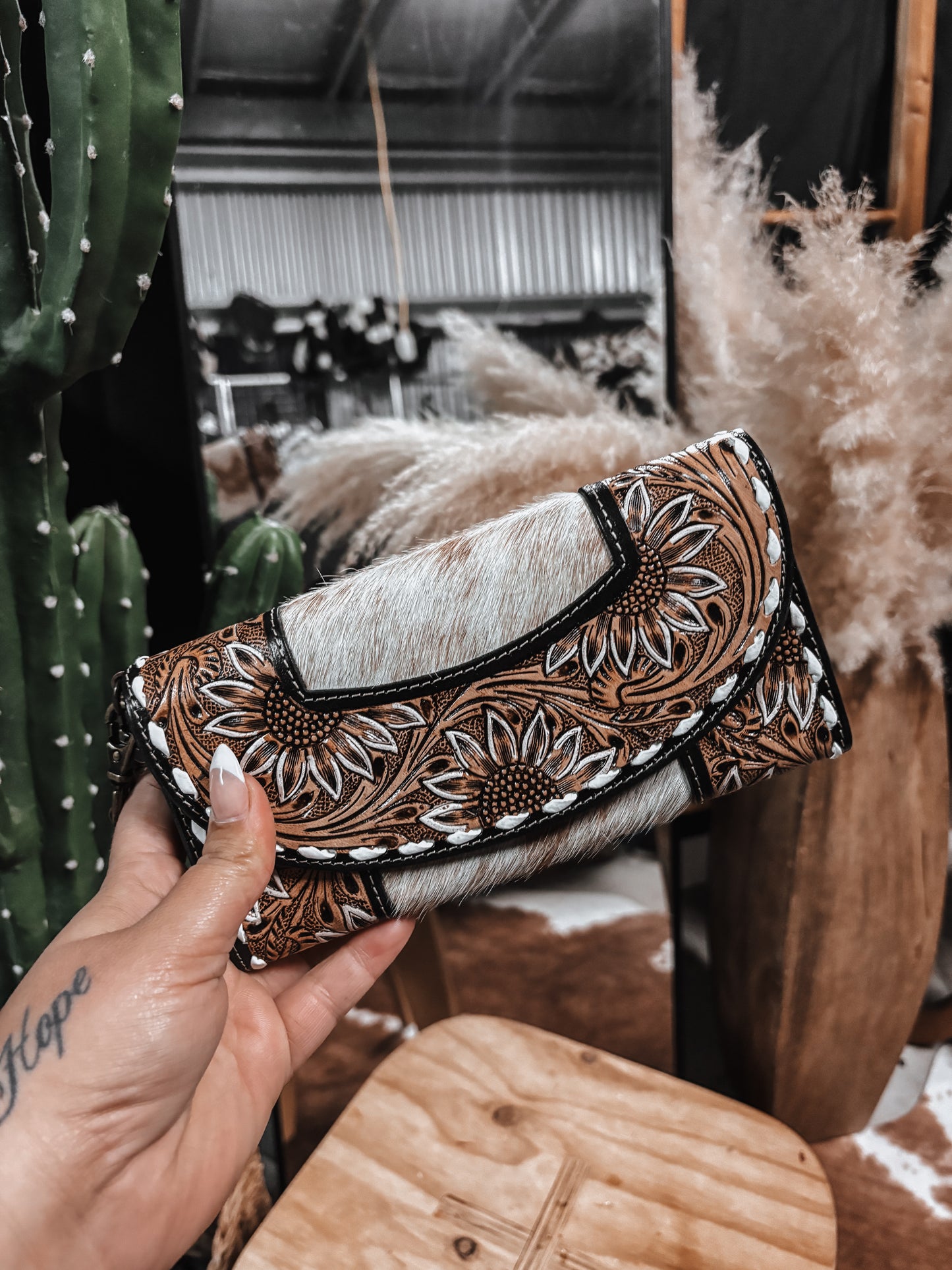 Sunflower Tooled Leather + Cowhide Wallet