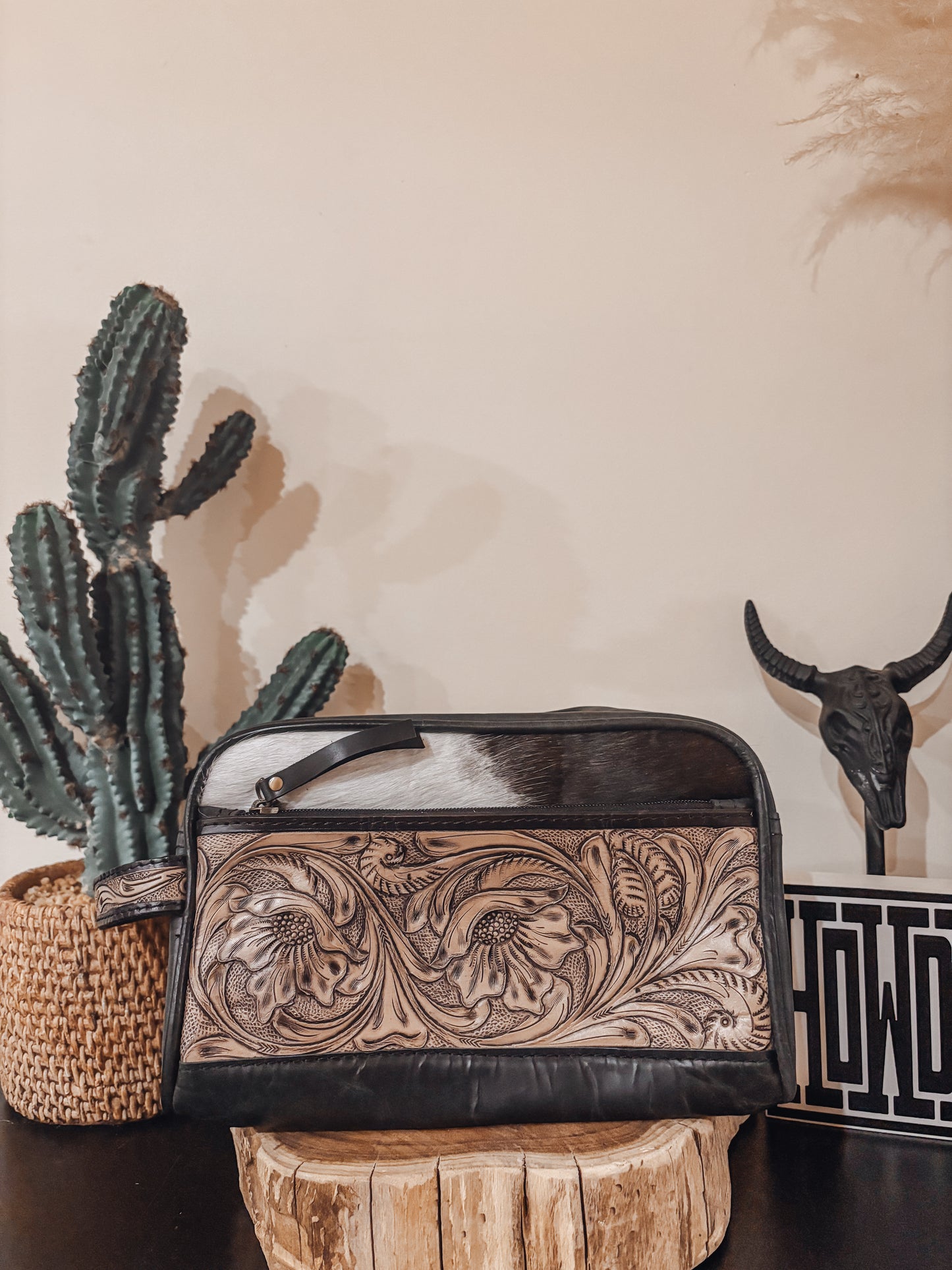 Black Cowhide & Tooled Leather Toiletry / Makeup Bag