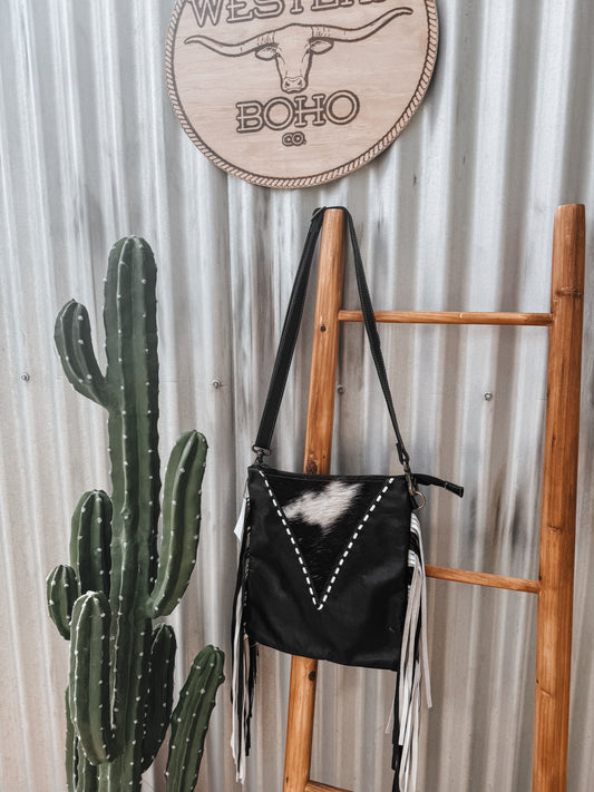 Black Cowhide Panel + Black Soft Leather Crossbody Bag - The Western Boho Co