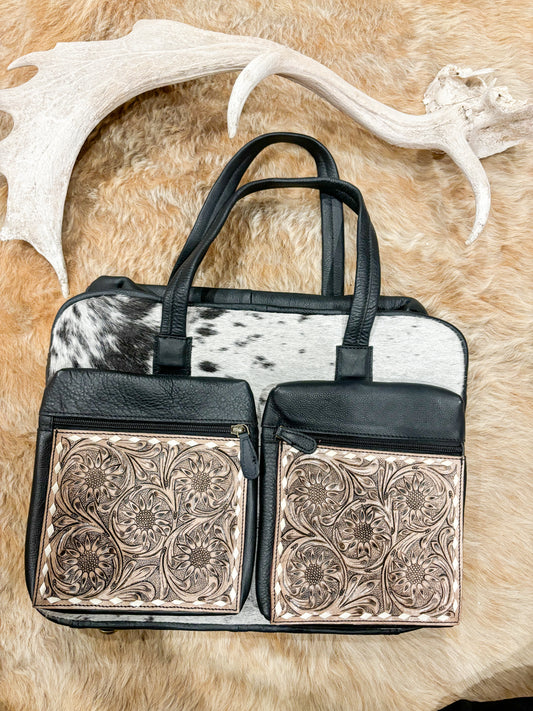 Black + Tooled Leather Cowhide Nappy/Tote Bag