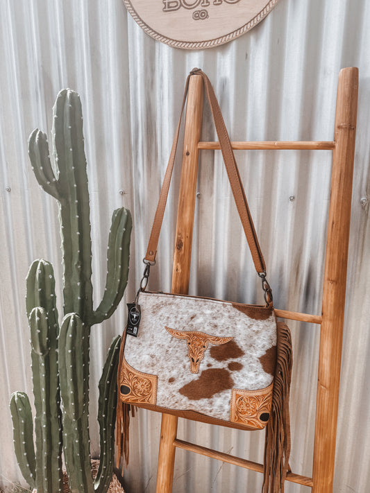 Tan Cowhide + Tooled Leather Bull Crossbody Bag - The Western Boho Co