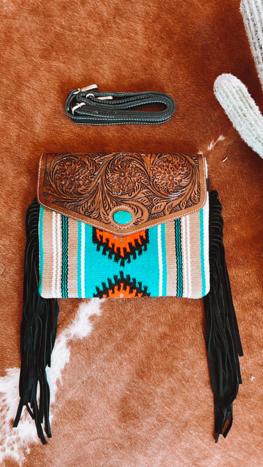 Turquoise + Brown Saddle Blanket W/Turquoise Stone Crossbody Bag - The Western Boho Co