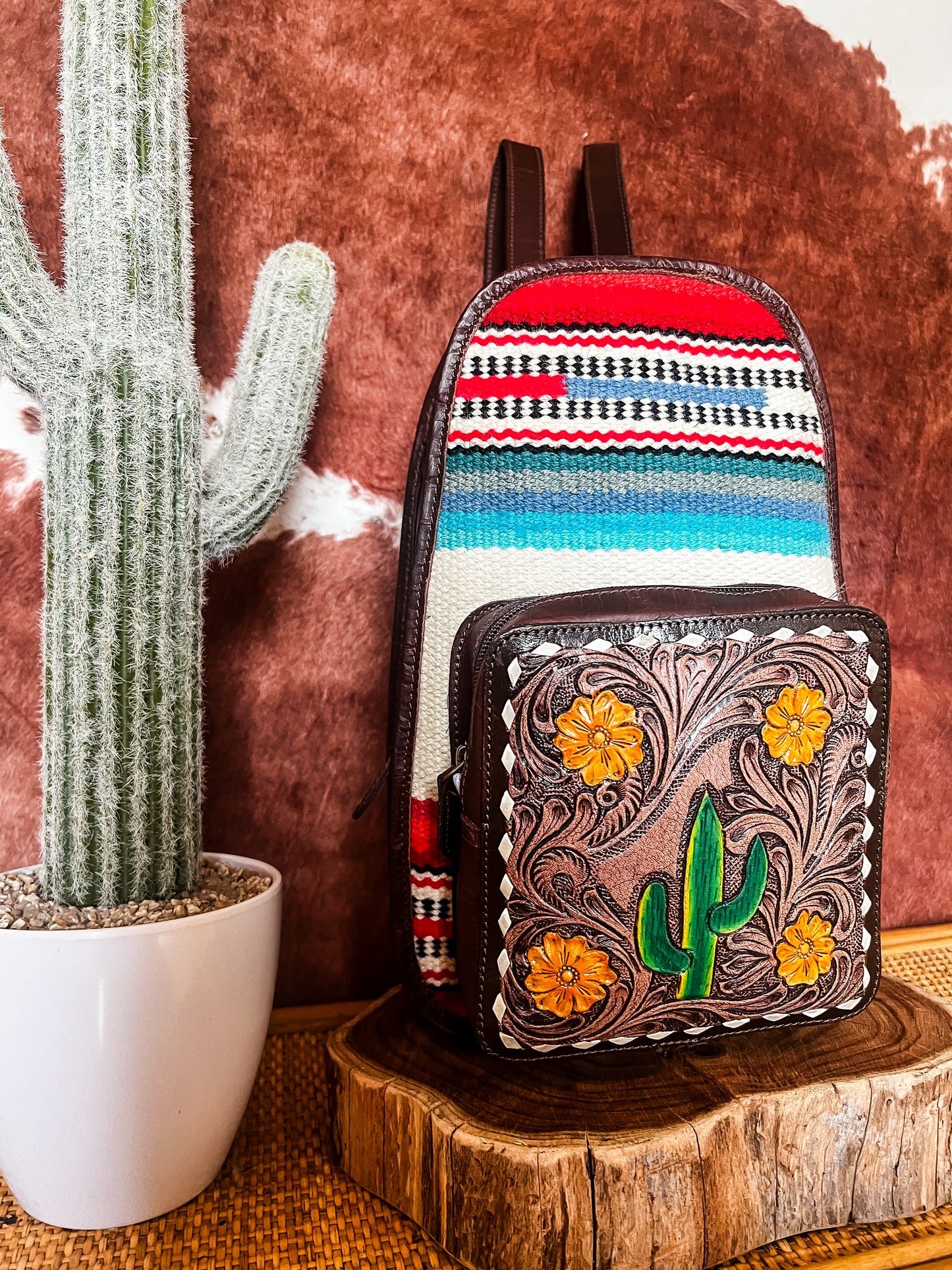 Small Saddle Blanket + Tooled Leather Cactus Backpack - The Western Boho Co