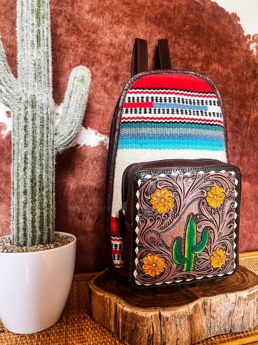 Small Saddle Blanket + Tooled Leather Cactus Backpack - The Western Boho Co