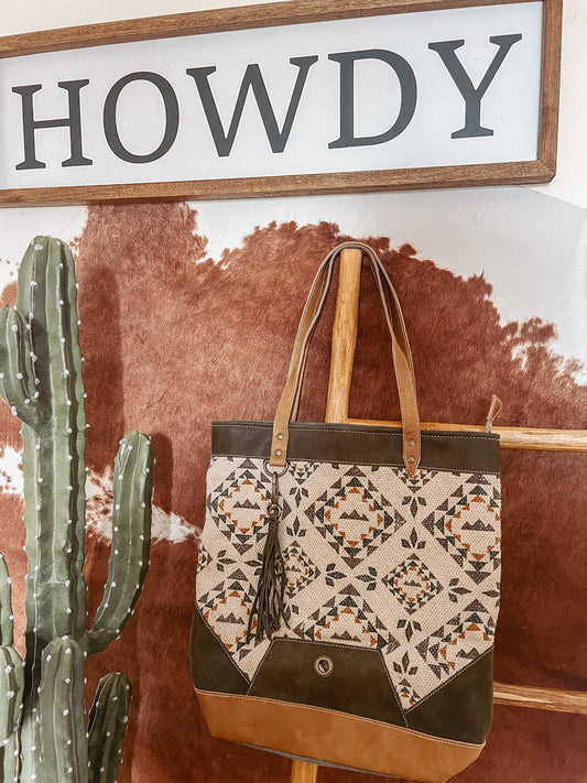 Olive Green + Brown Geometric Tote Bag - The Western Boho Co