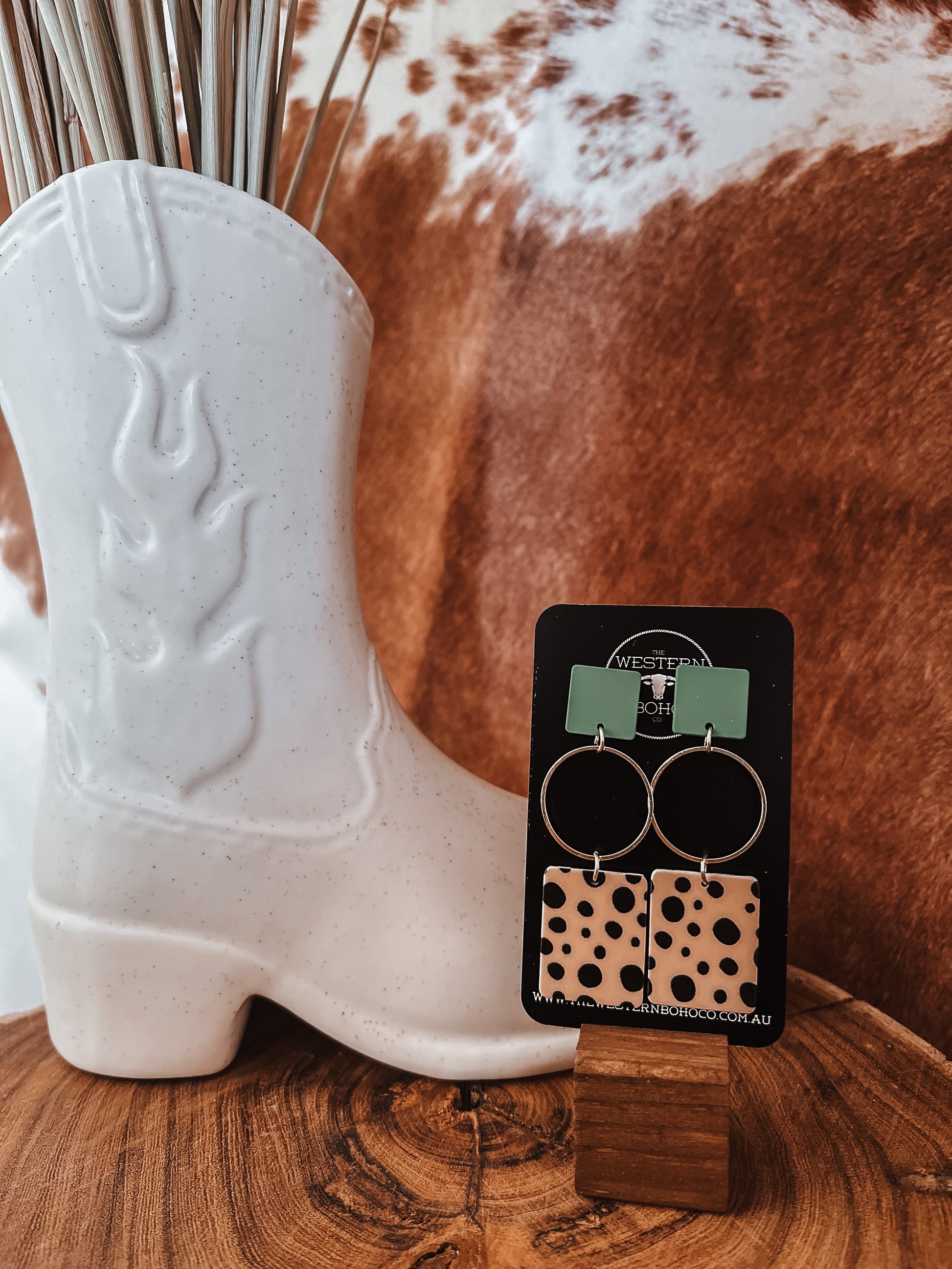 Green + Cow Print Geo Earrings - The Western Boho Co