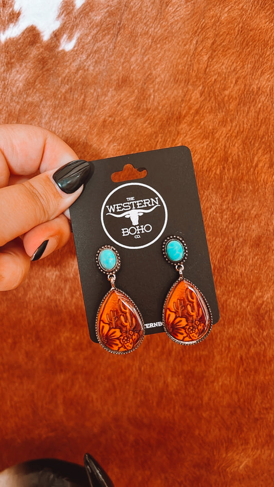 Turquoise + Cactus Teardrop Dangle Earrings - The Western Boho Co