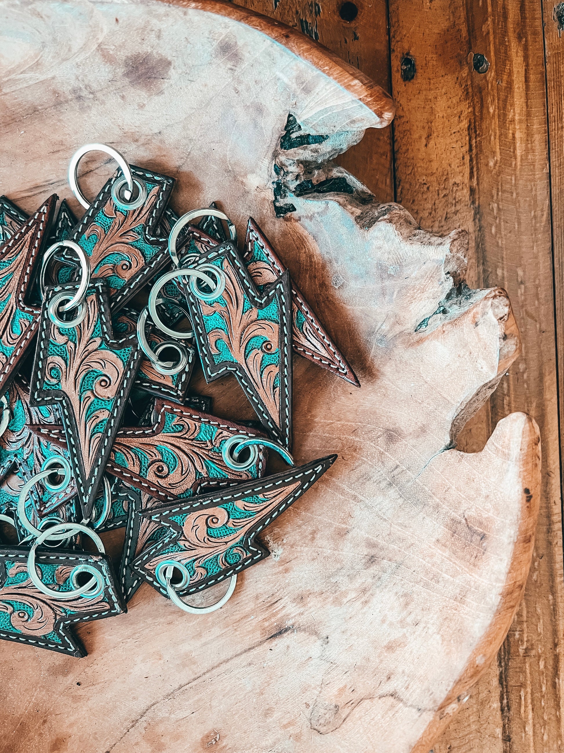 Turquoise Tooled Lightning Bolt Keyring - The Western Boho Co