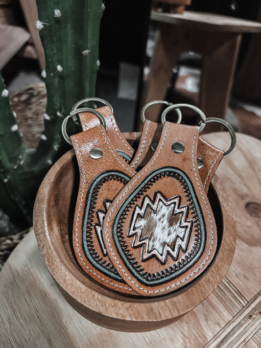 Tooled Aztec + Cowhide Tooled Leather Keyring