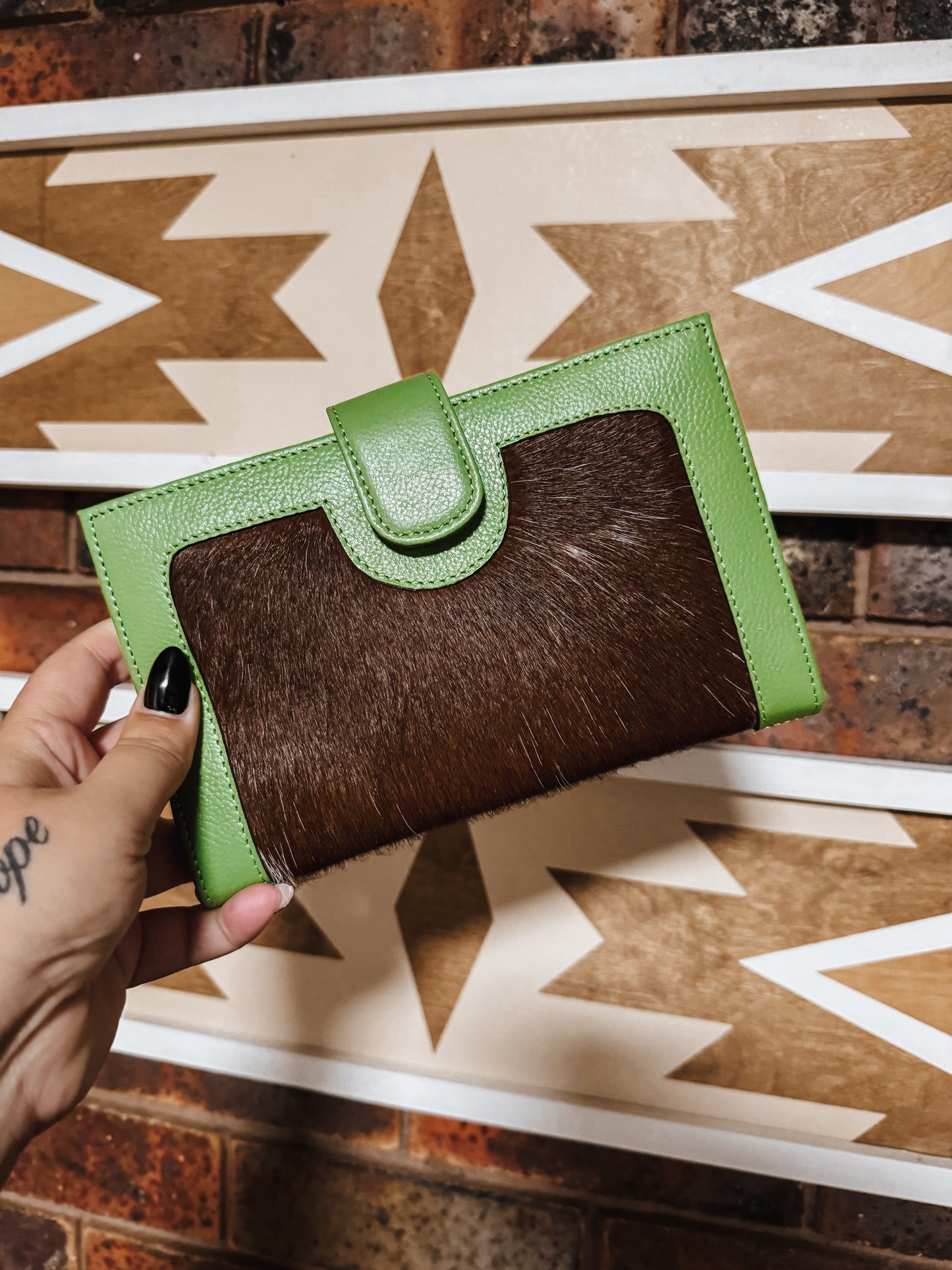 Green Leather + Tan Cowhide Wallet - The Western Boho Co