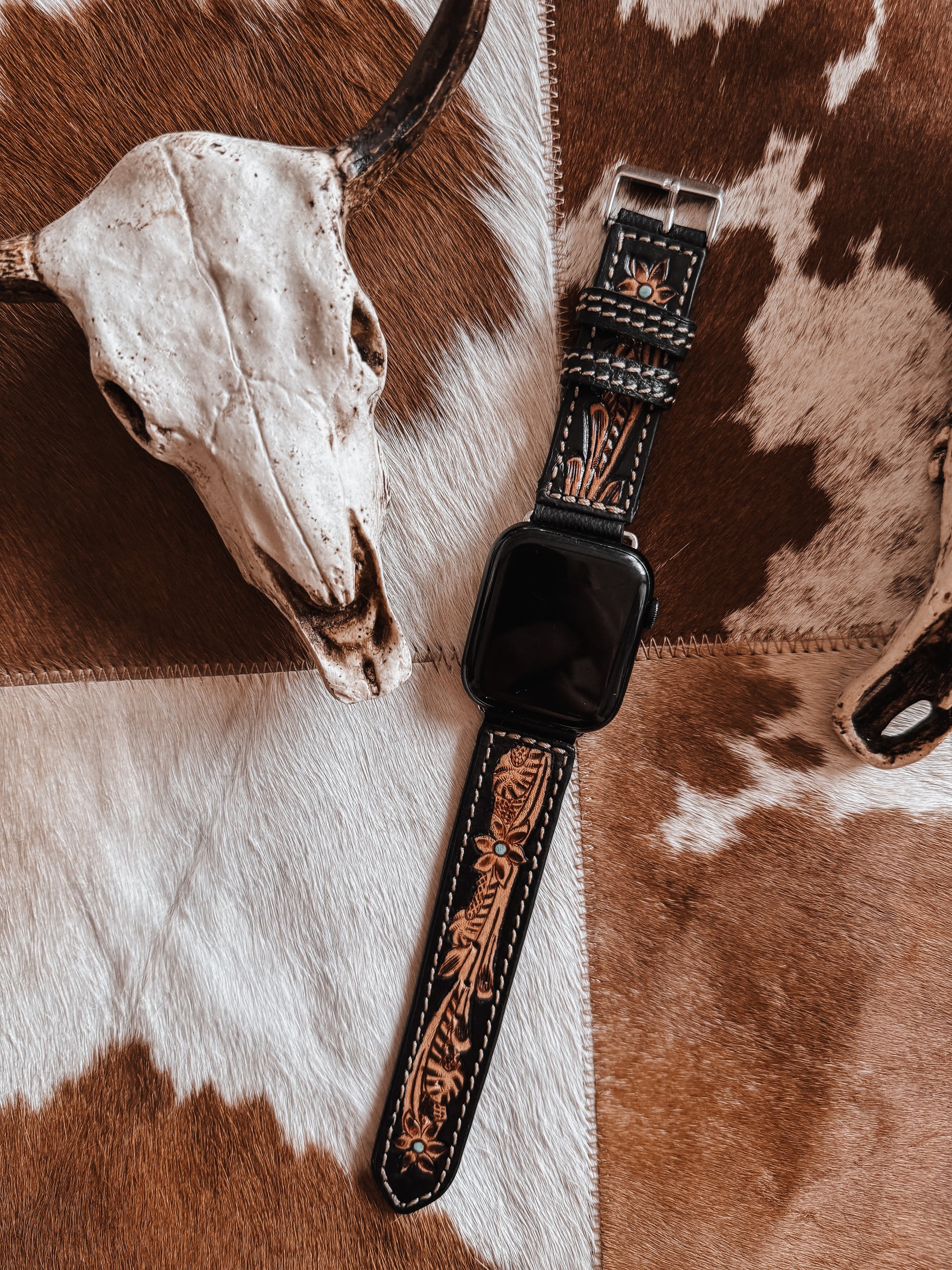 Turquoise, Black + Brown Tooled Leather Watch Band 38/40mm - The Western Boho Co