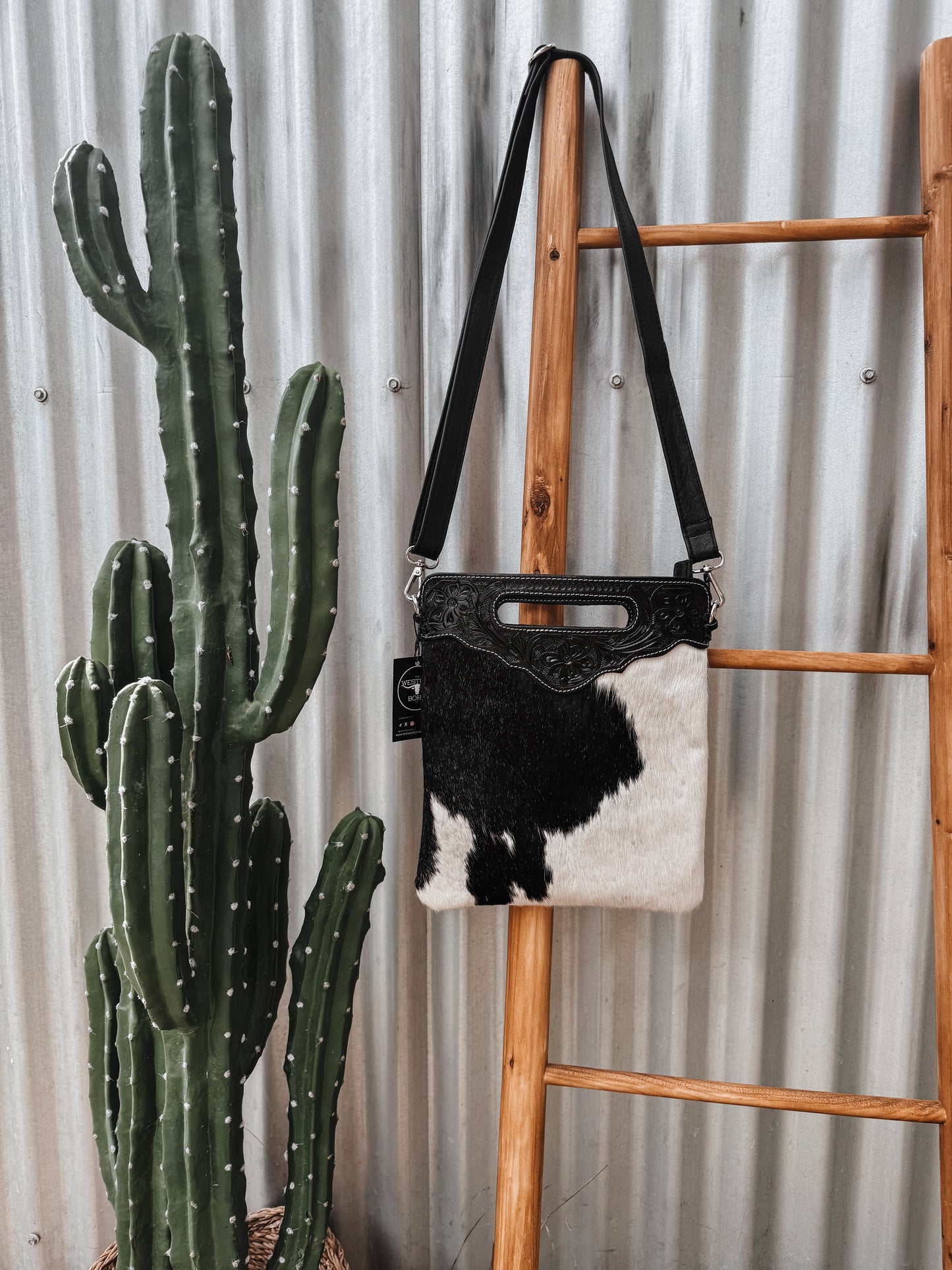 Black Cowhide + Tooled Leather Crossbody Bag - The Western Boho Co