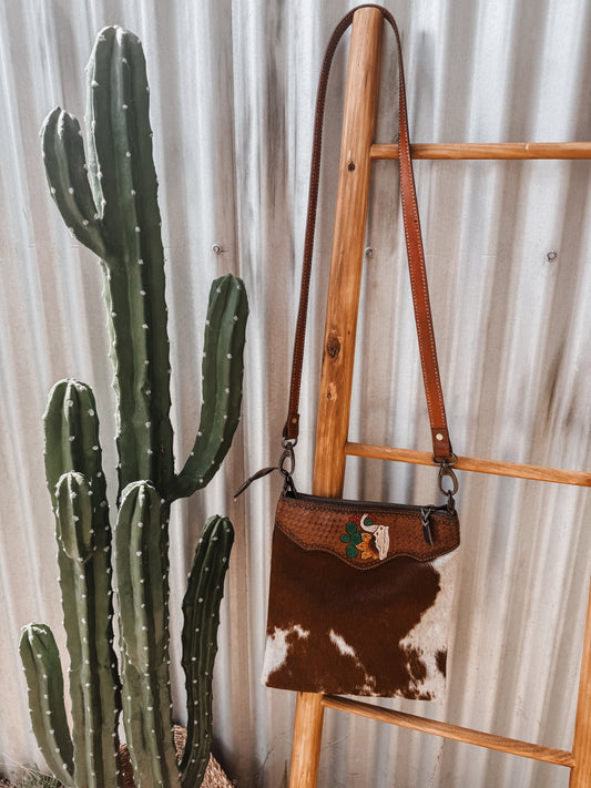 Tan Cowhide + Tooled Leather Steer/Sunflower/Cactus Crossbody Bag - The Western Boho Co