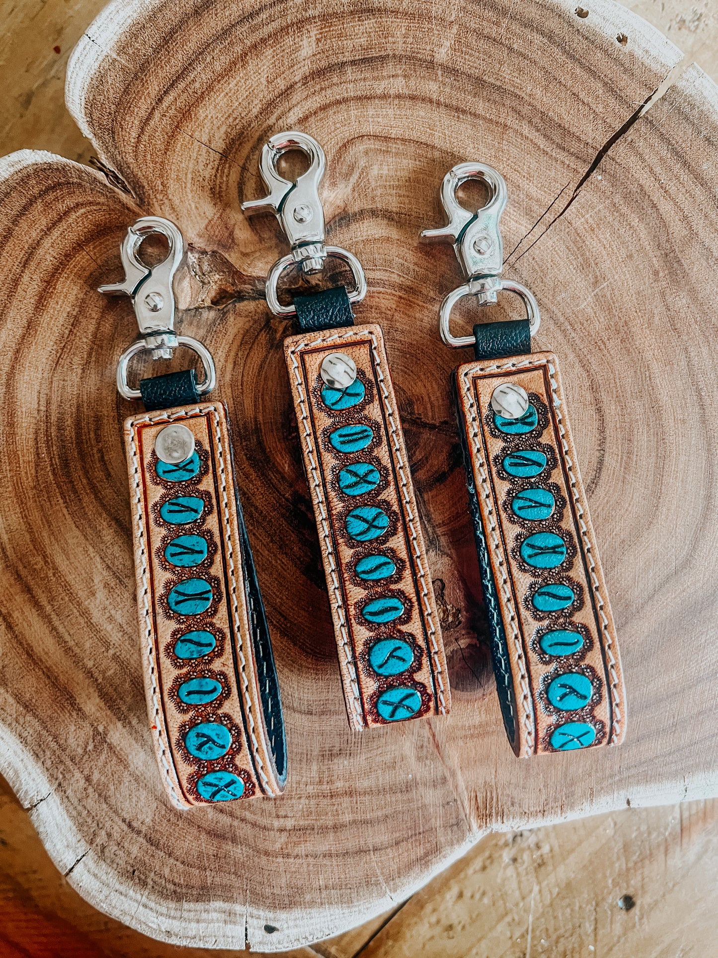 Turquoise Stone Tooled Leather Keyring - The Western Boho Co