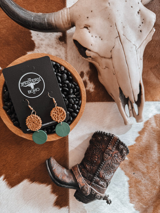 Rattan & Forest Green Dangles - The Western Boho Co