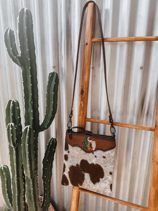 Tan Cowhide + Tooled Leather Steer/Sunflower/Cactus Crossbody Bag - The Western Boho Co