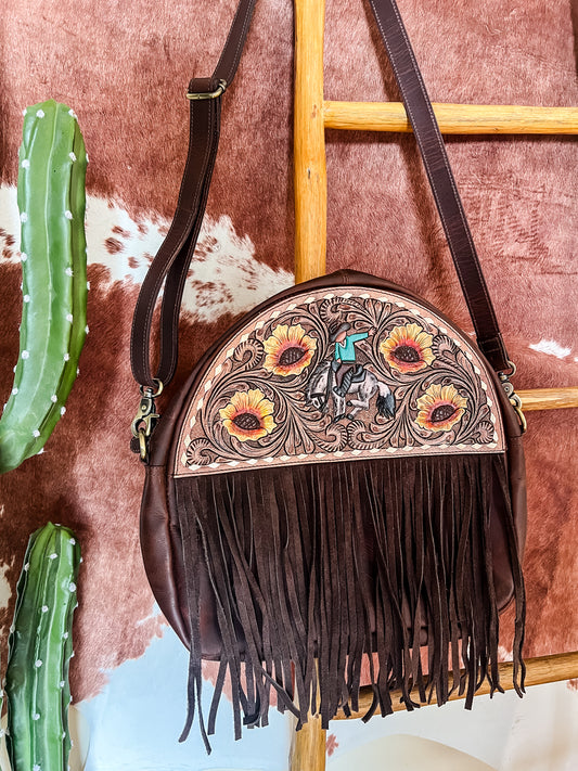 Brown Bronc Rider Tooled Leather Crossbody Bag - The Western Boho Co