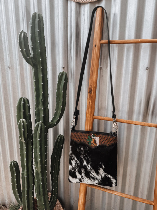 Black Cowhide + Tooled Leather Steer/Sunflower/Cactus Crossbody Bag - The Western Boho Co