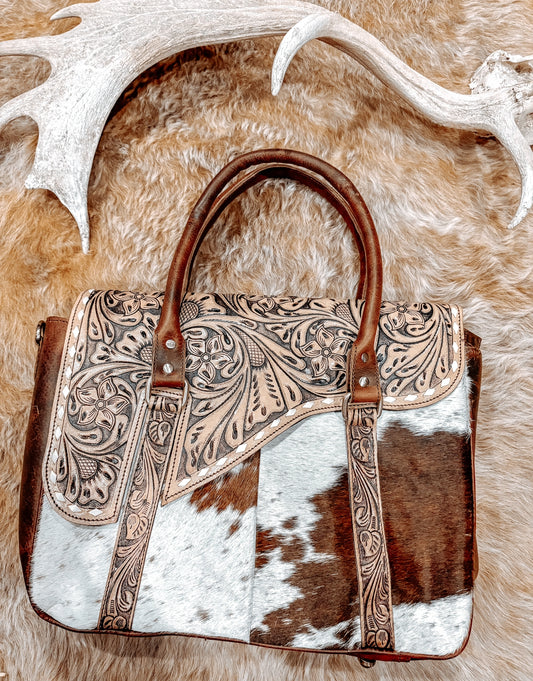 Tan + Tooled Leather Saddle Crossbody Bag