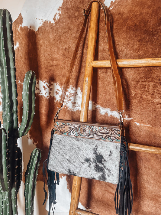 Turquoise + Brown Panel Tassel Crossbody Bag - The Western Boho Co