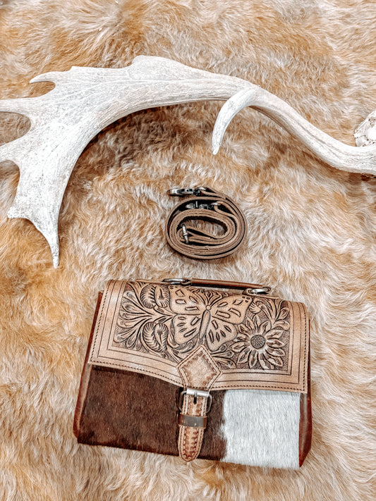 Tan + Tooled Leather Crossbody Bag