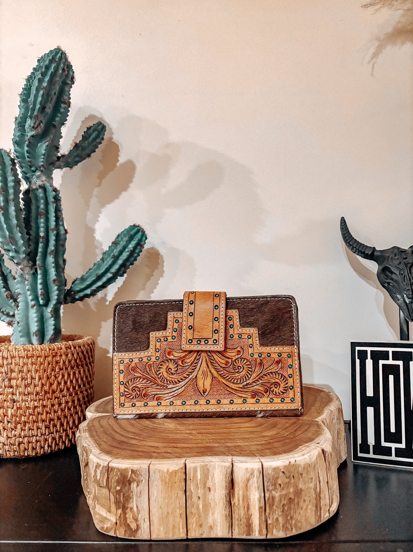 Cowhide + Tooled Leather Turquoise Wallet