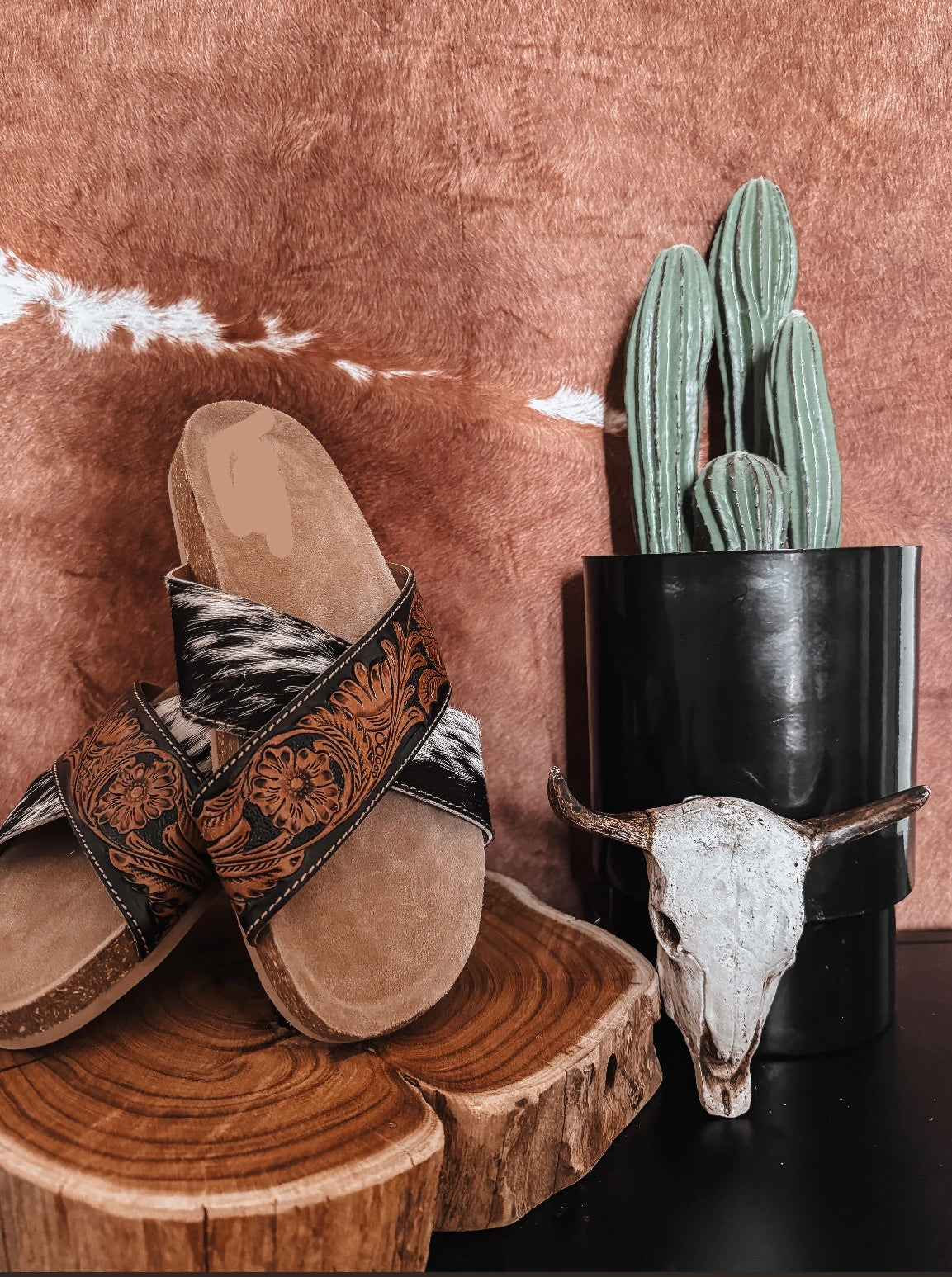 Black Cowhide + Tooled Cross Slides - The Western Boho Co