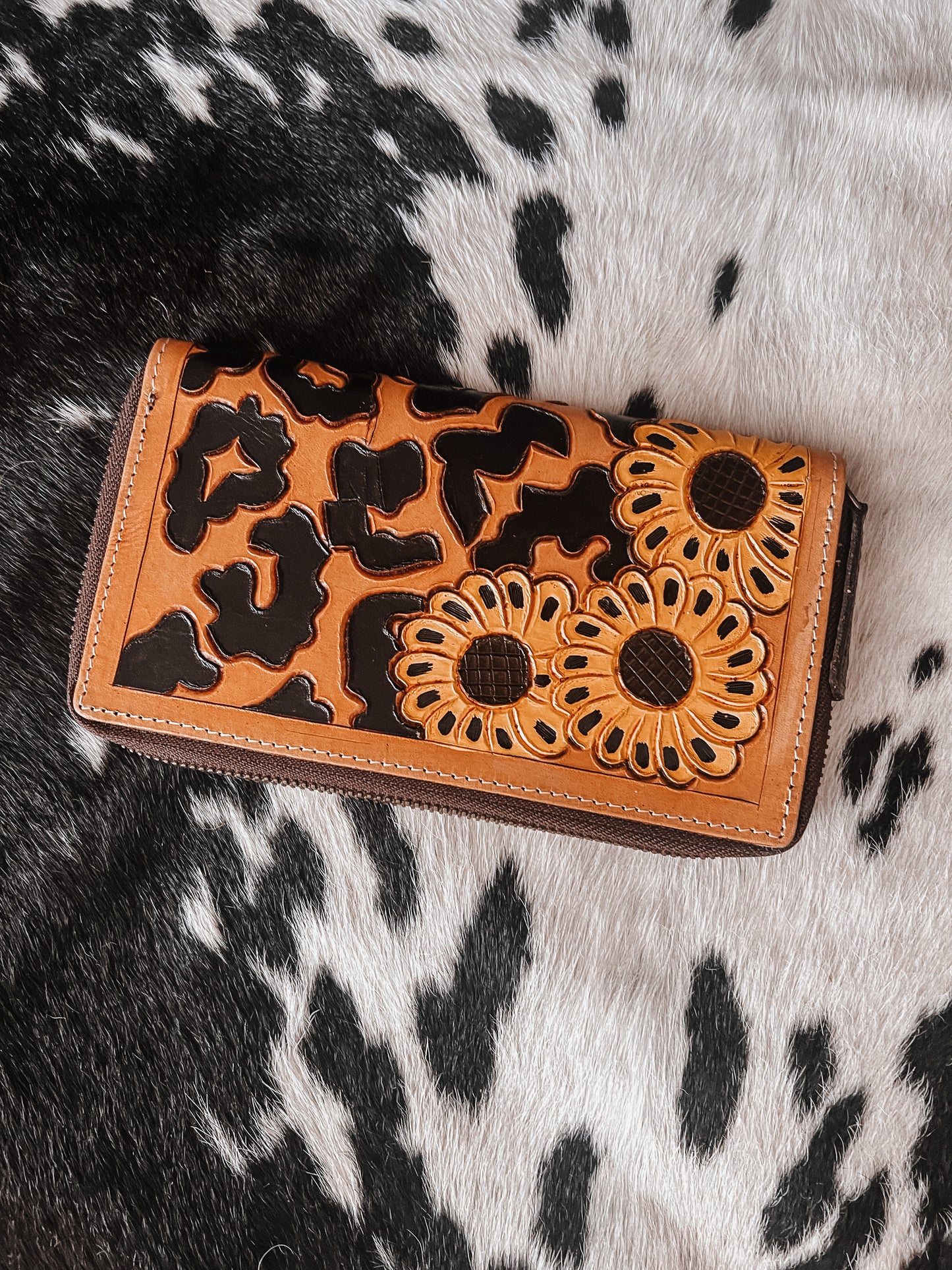 Sunflower + Cow Print Tooled Wallet - The Western Boho Co