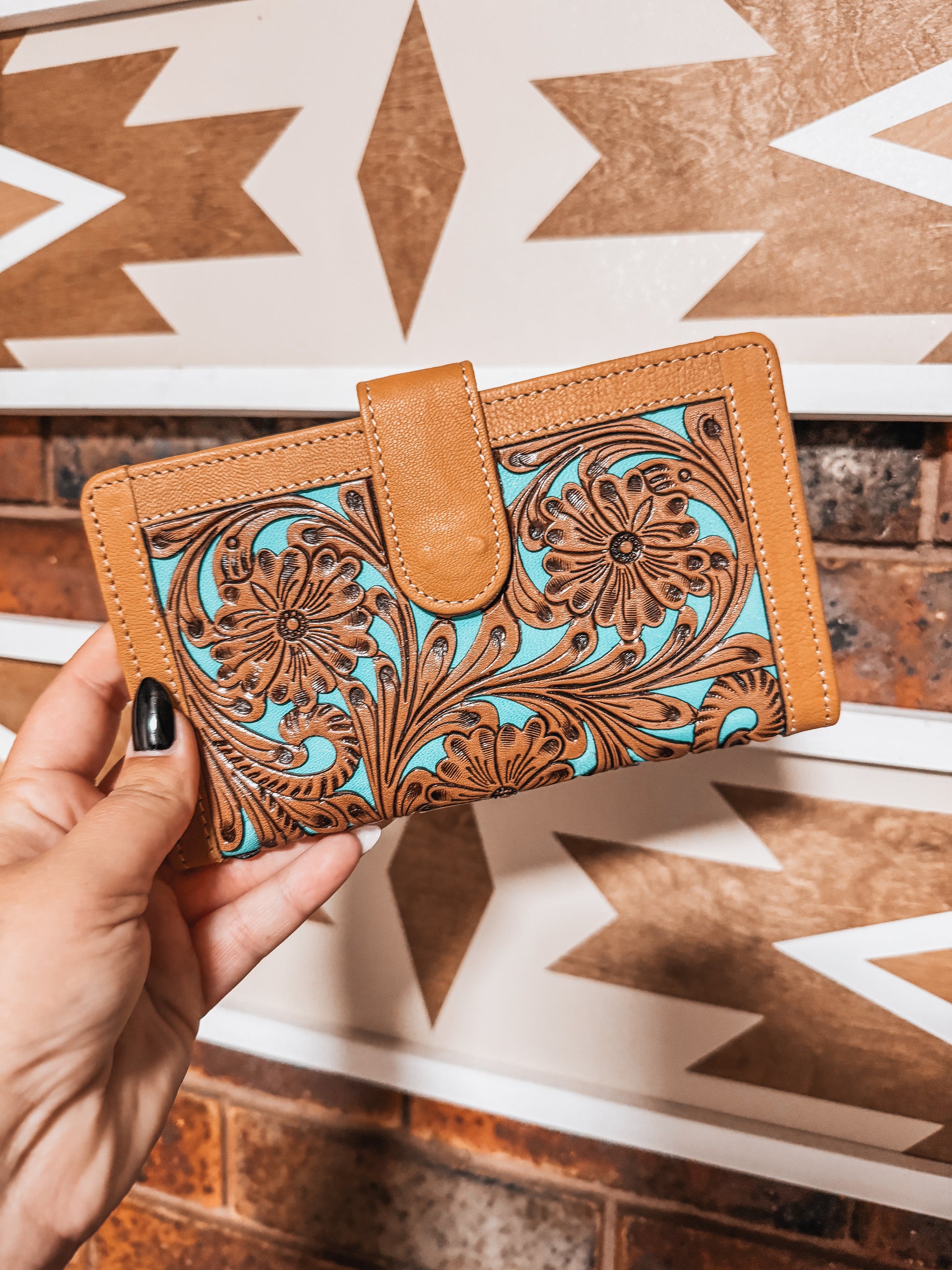 Tan + Turquoise Tooled Leather Wallet - The Western Boho Co