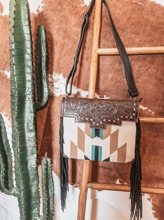 Saddle Blanket + Genuine Tooled Leather Crossbody Bag - The Western Boho Co