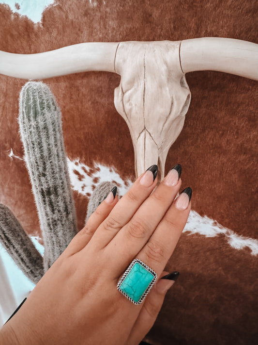 Turquoise Stone W/Braided Edging Western Adjustable Ring - The Western Boho Co