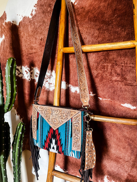 Turquoise, Rust + Black Saddleblanket Crossbody Bag - The Western Boho Co