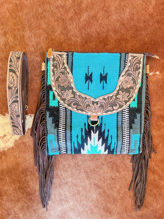 Saddle Blanket + Genuine Tooled Leather Crossbody Bag - The Western Boho Co