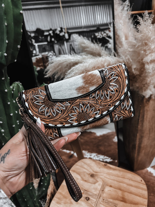 Sunflower Tooled Leather + Cowhide Wallet