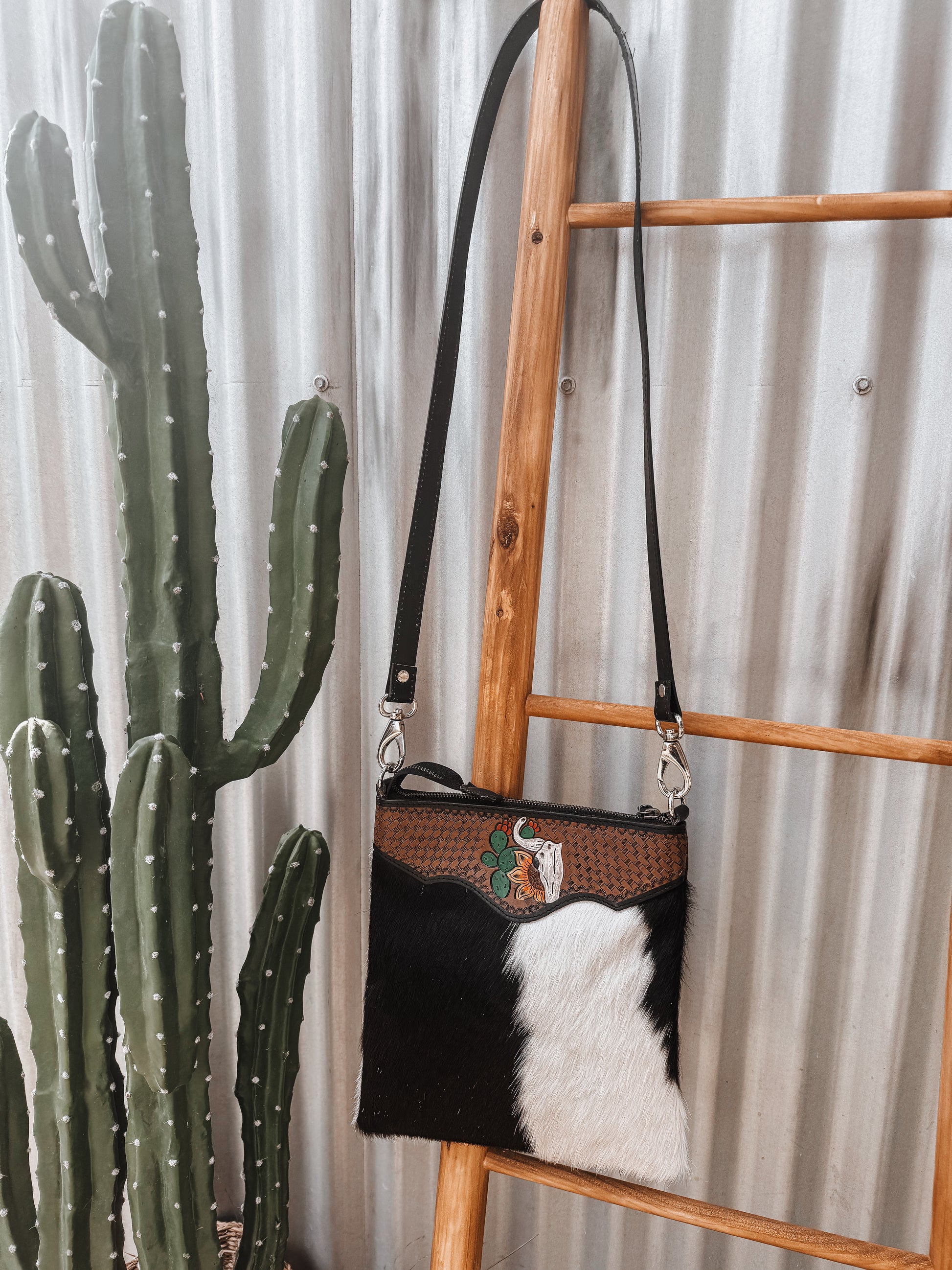 Black Cowhide + Tooled Leather Steer/Sunflower/Cactus Crossbody Bag - The Western Boho Co