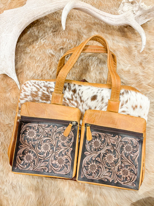 Tan + Tooled Leather Cowhide Nappy/Tote Bag