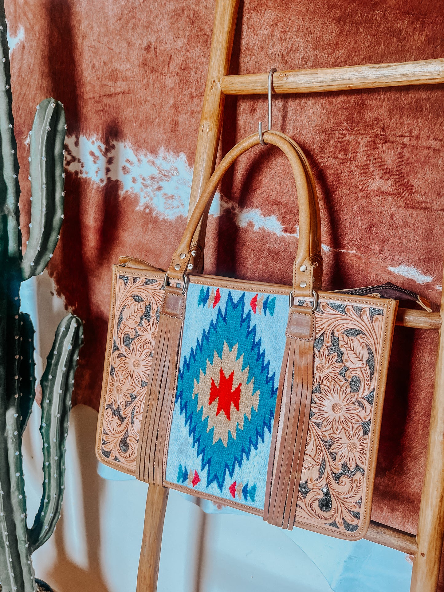 Blue, Red + Beige Tooled Saddle Blanket Aztec Tote Bag - The Western Boho Co