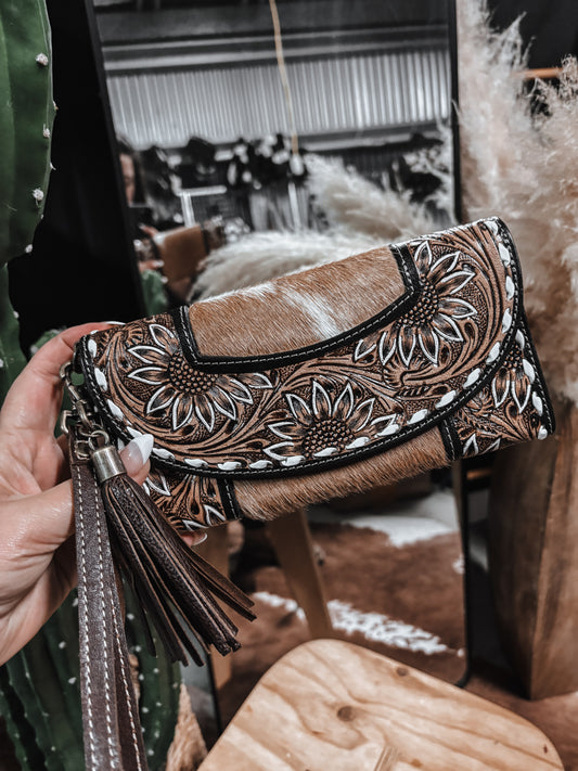 Sunflower Tooled Leather + Cowhide Wallet