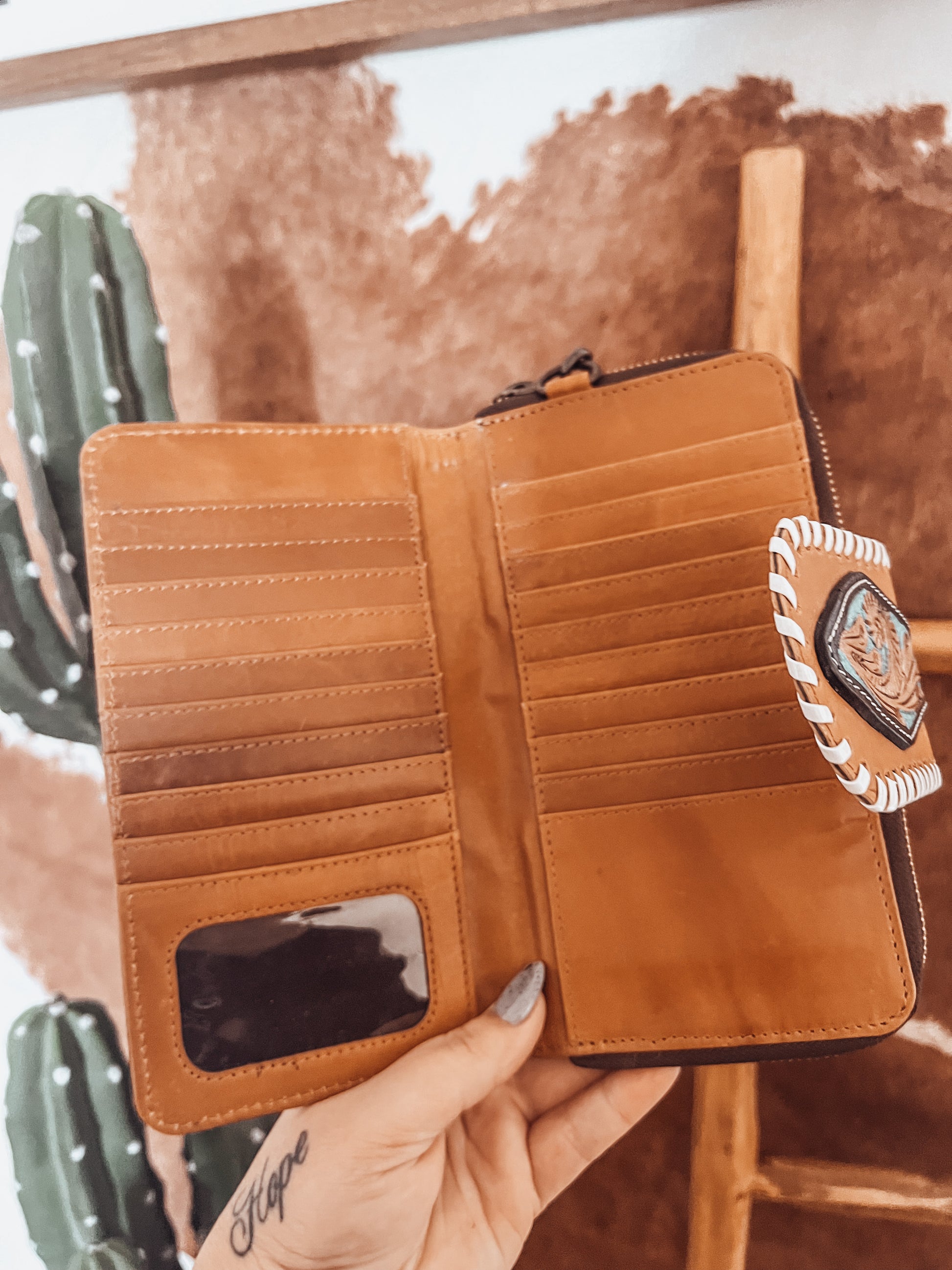 Tan + Turquoise Cross Stitch Wallet - The Western Boho Co