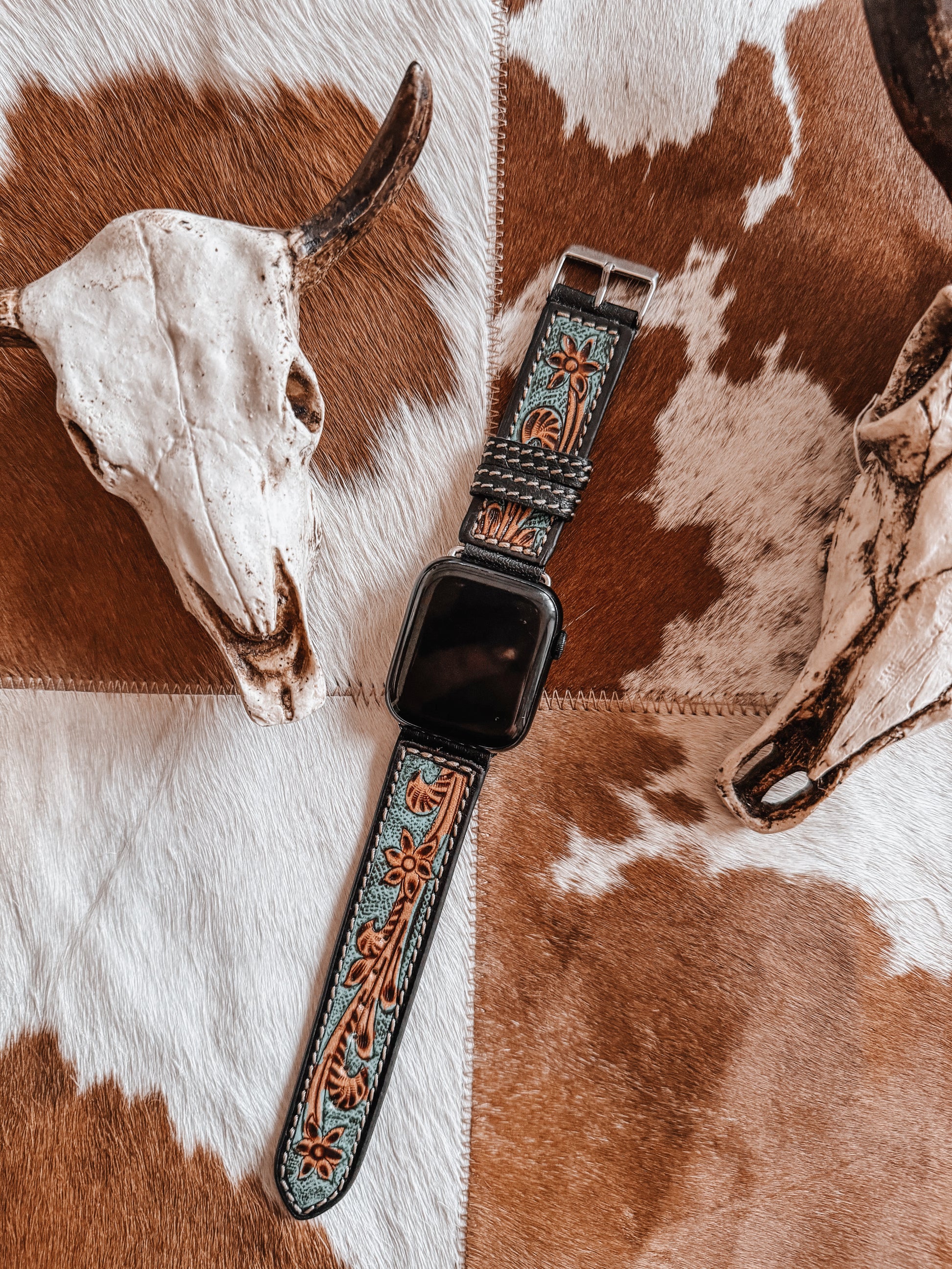 Turquoise Tooled Leather Watch Band 38/40mm - The Western Boho Co