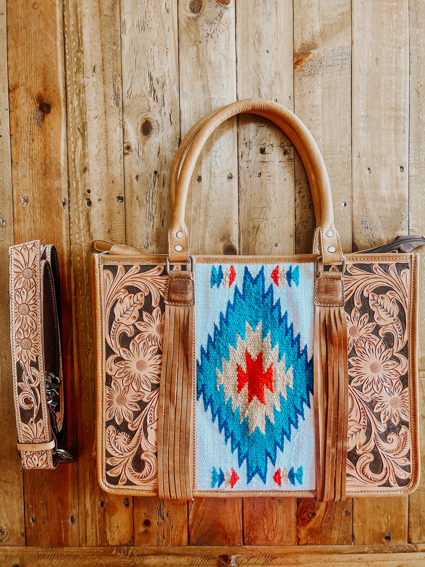 Blue, Red + Beige Tooled Saddle Blanket Aztec Tote Bag - The Western Boho Co