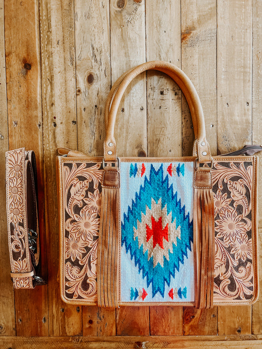 Blue, Red + Beige Tooled Saddle Blanket Aztec Tote Bag - The Western Boho Co