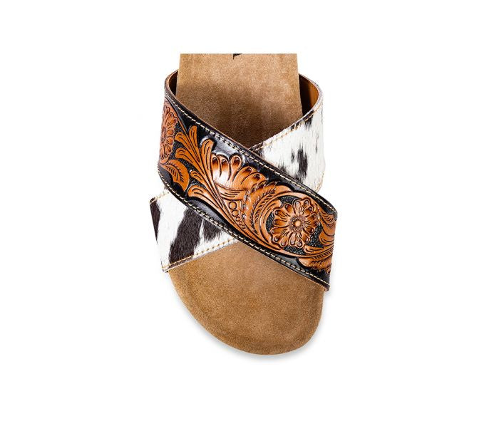 PRE ORDER Black Cowhide + Tooled Cross Sandals - The Western Boho Co