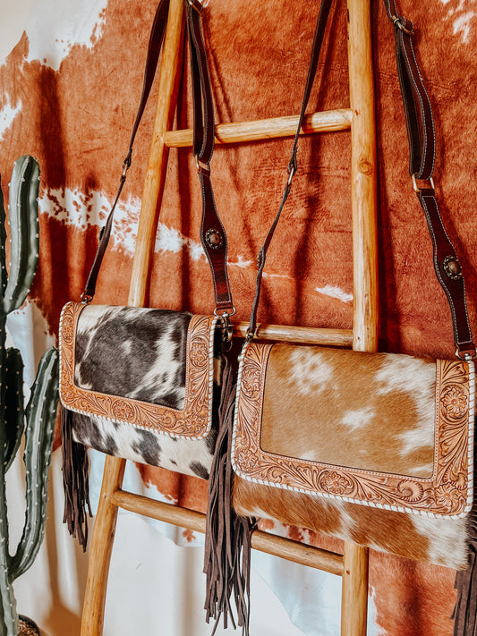 Tooled Cowhide Crossbody Bag W/Concho Strap - The Western Boho Co