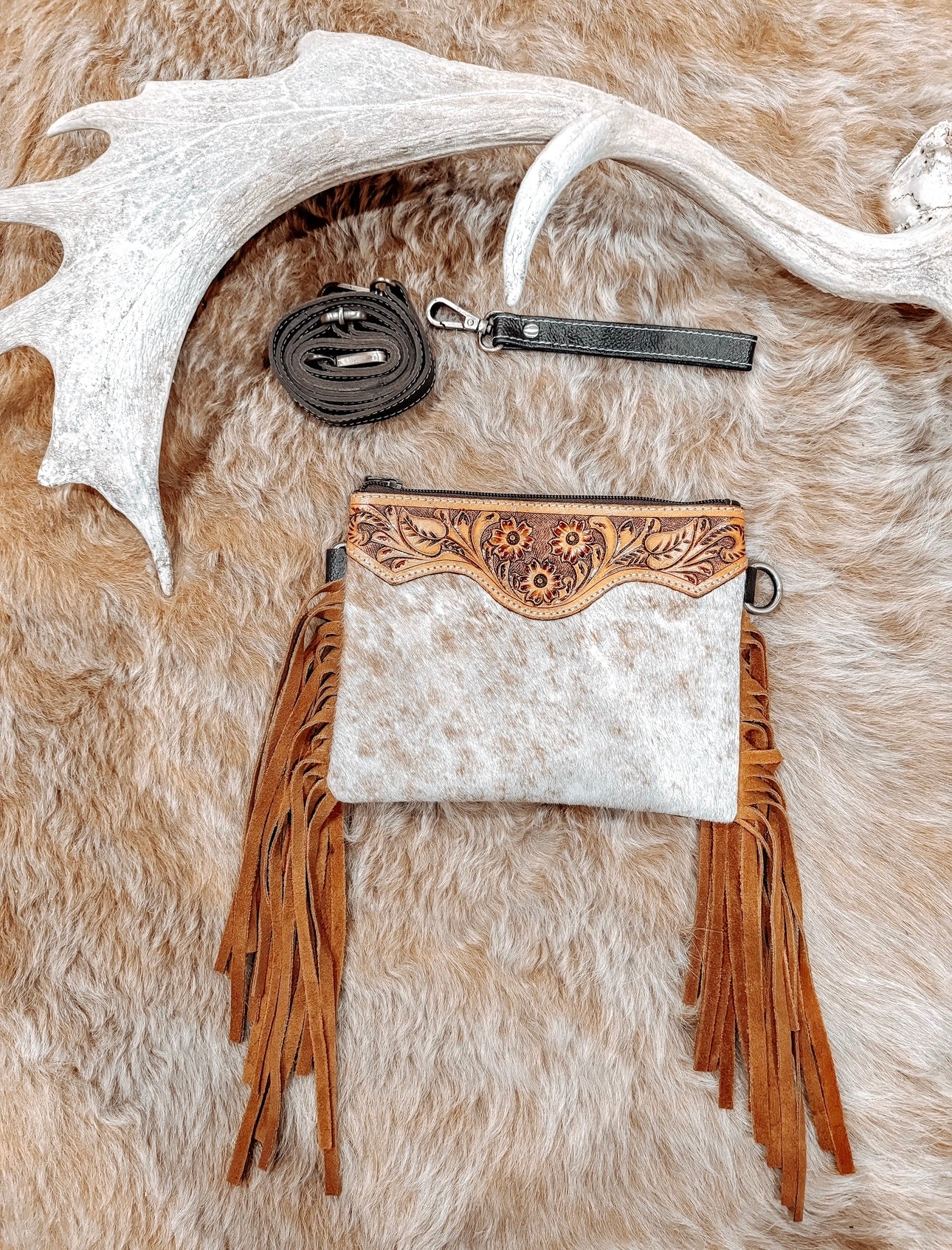 Tooled Leather + Cowhide Small Tan Clutch/ Crossbody Tassel Bag