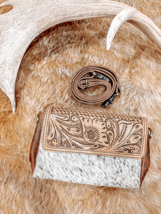 Tan + Tooled Leather Crossbody Bag