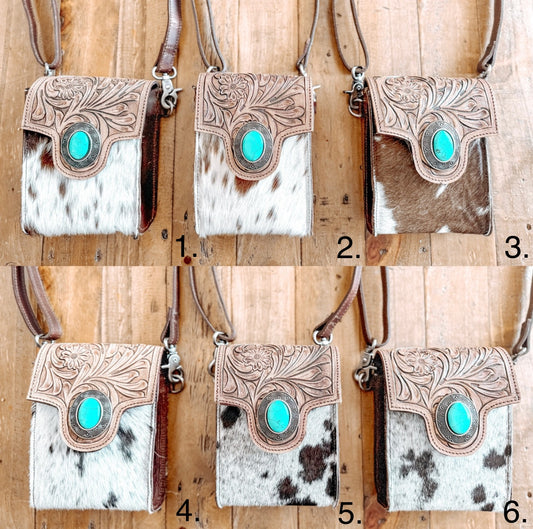 Small Cowhide + Turquoise Gem Crossbody Bag - The Western Boho Co